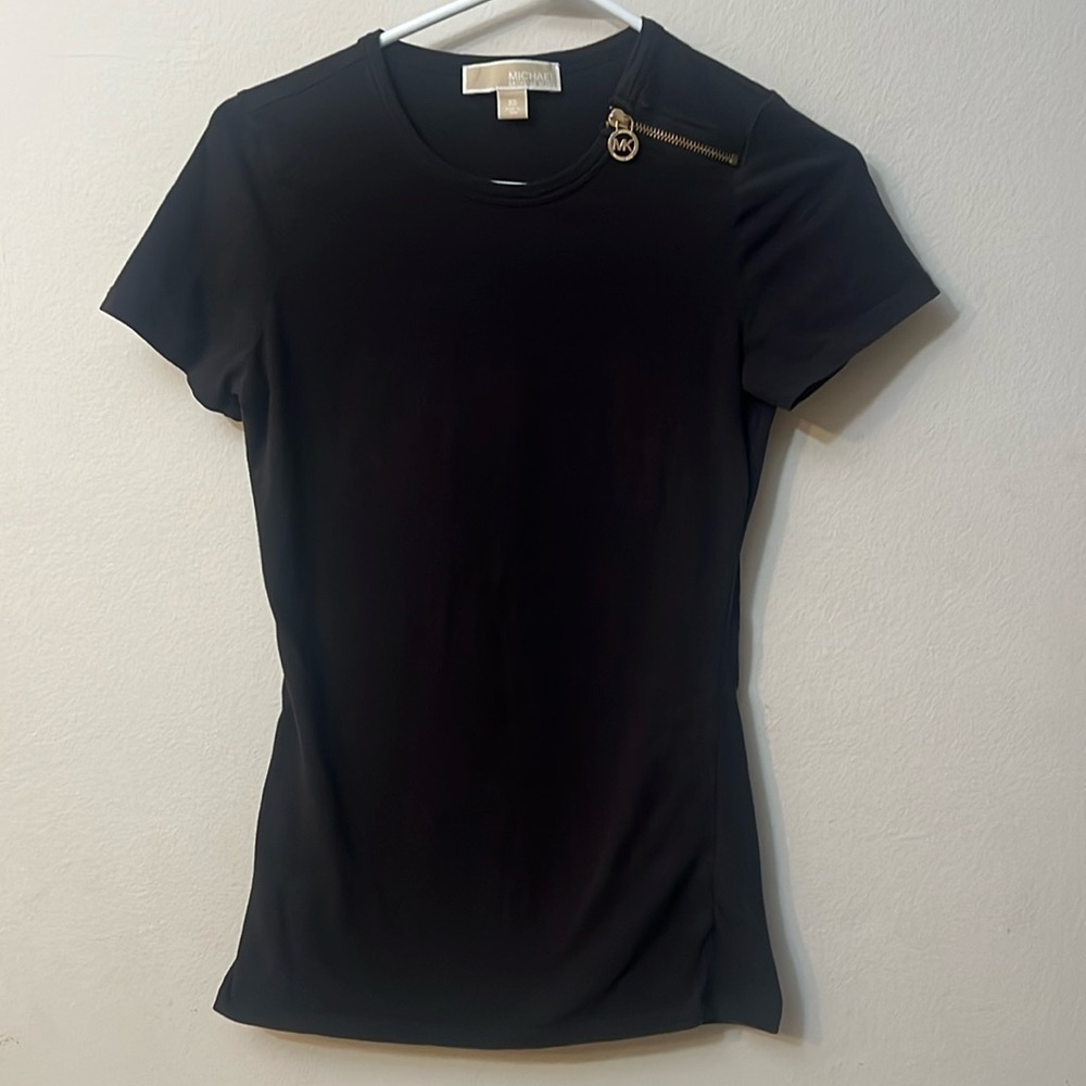 Michael Kors Black Short Sleeve Tee with Gold Zip Accent